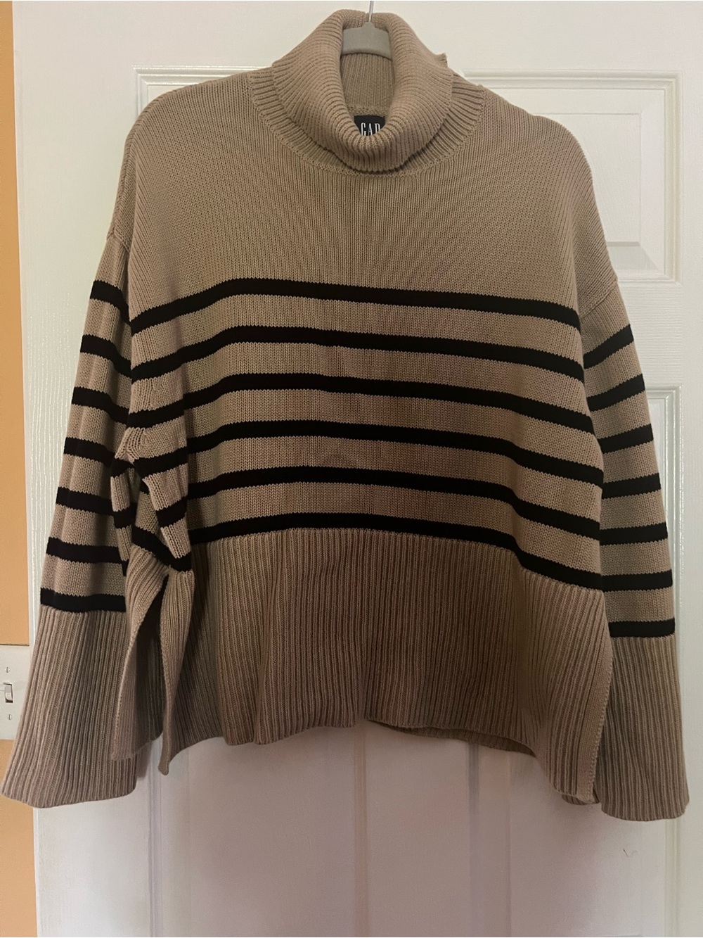 GAP Taupe Turtleneck Sweater with Black Stripes
